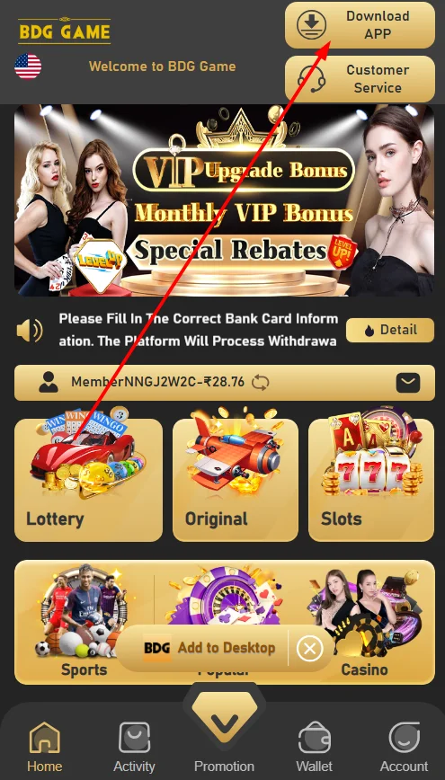 BDG Win app download screen on Android phone